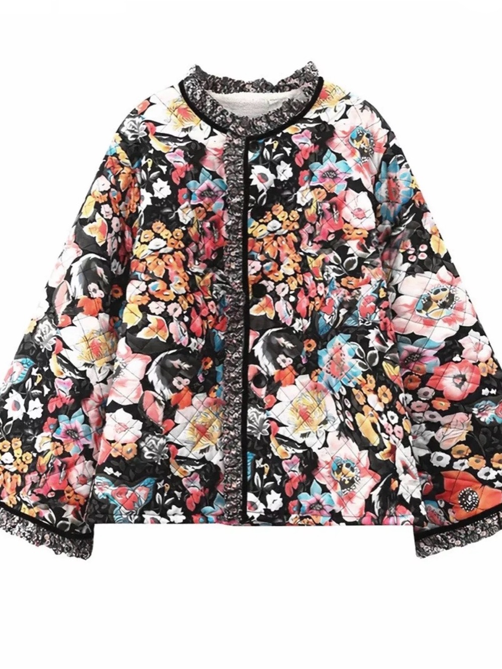 Amazon Floral Quilted Puffer Jacket - Black Multicolor